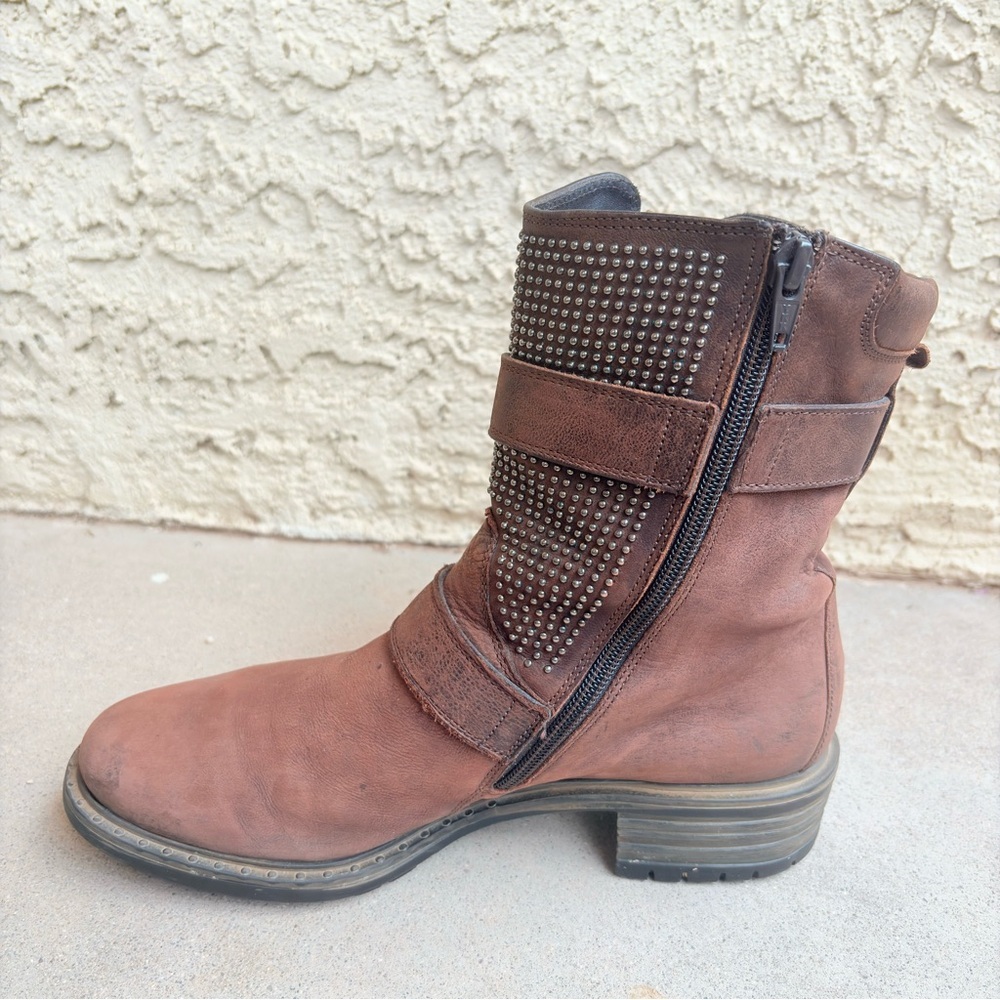 Paul Green Women's Size US 8 UK 5.5 Studded Buckled Brown Leather Moto Boots - Picture 2 of 10